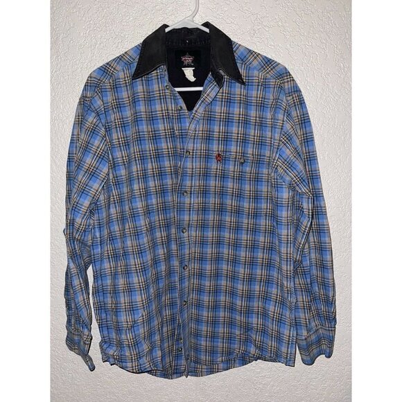 𝅺WRANGLER PBR Rodeo Western  Shirt Blue Plaid Mens Medium 1C - Picture 2 of 6